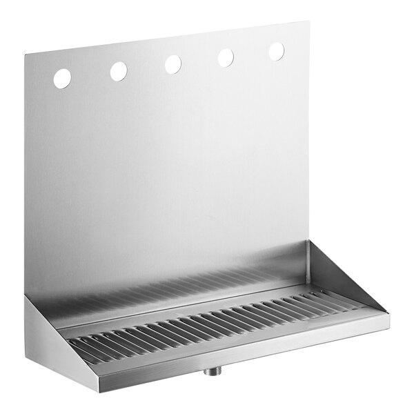 A Regency stainless steel wall mount beer drip tray with five faucets and holes.