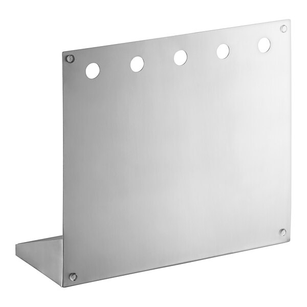 A stainless steel wall mount with holes for 5 faucets.