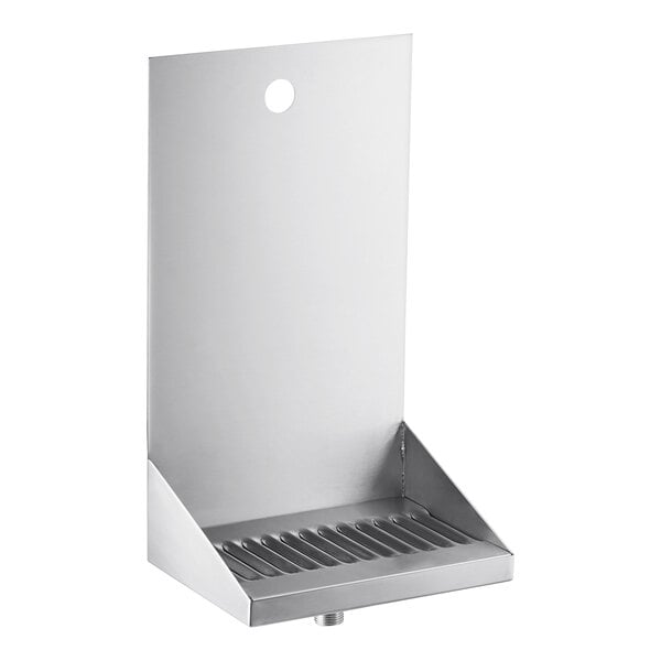 A stainless steel rectangular wall mount beer drip tray with a drain.
