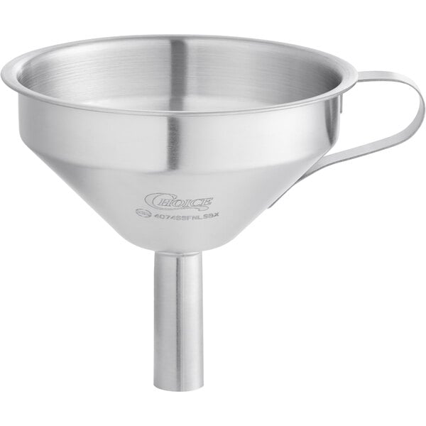 A silver stainless steel funnel with a handle.