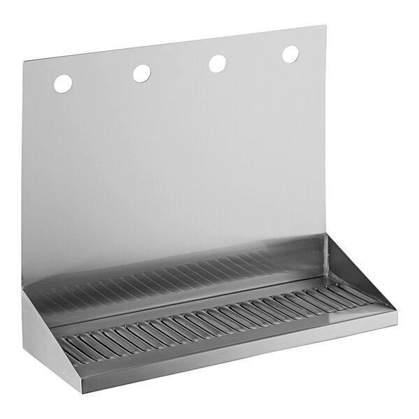 A Regency stainless steel wall mount with four faucet holes.