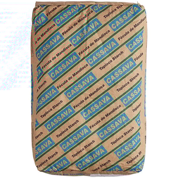 A brown bag of Malt Products Tapioca Starch with blue and green text on a white surface.