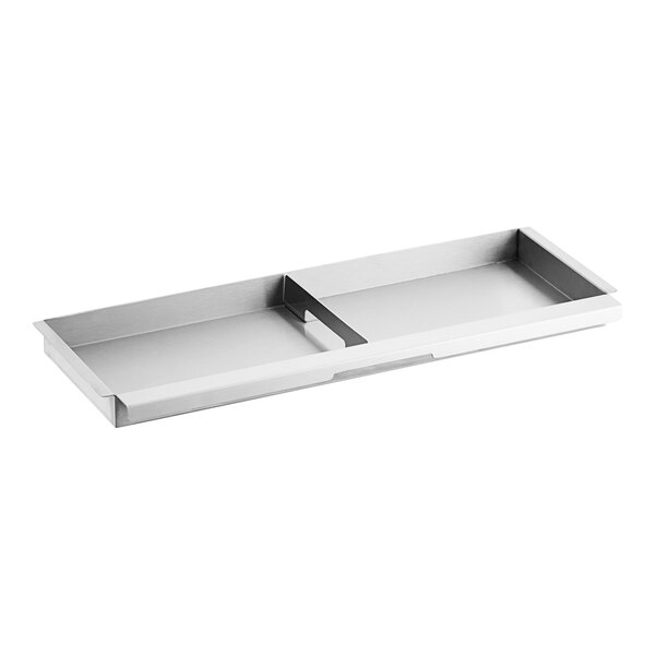 A stainless steel Cooking Performance Group grease tray with two compartments.