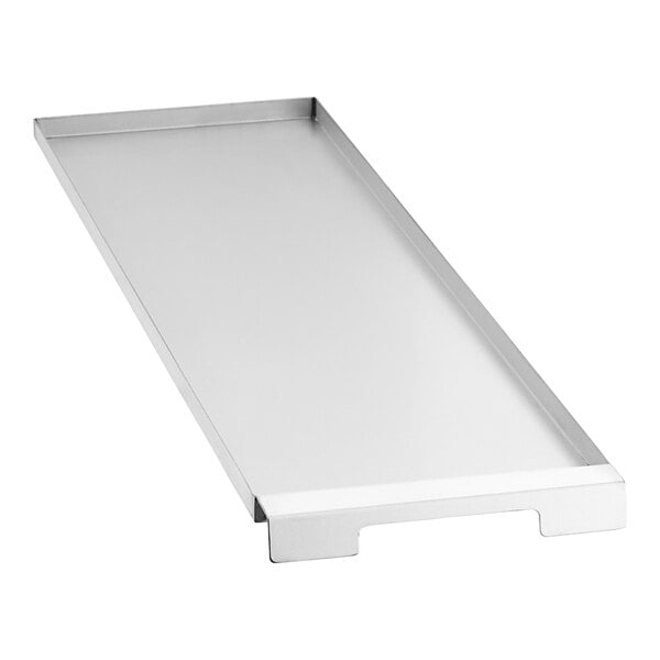 A stainless steel rectangular metal tray.