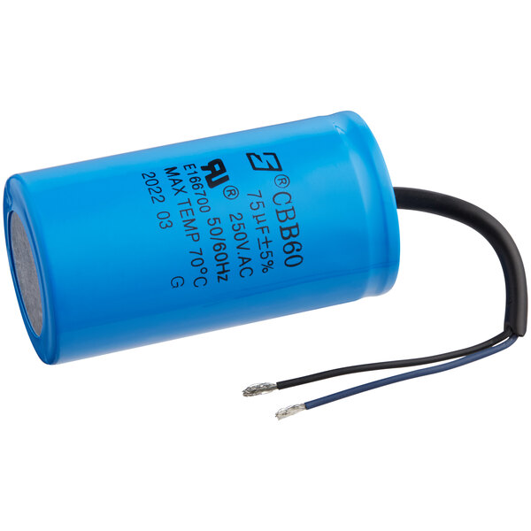 An Avantco running capacitor with blue and black wires.