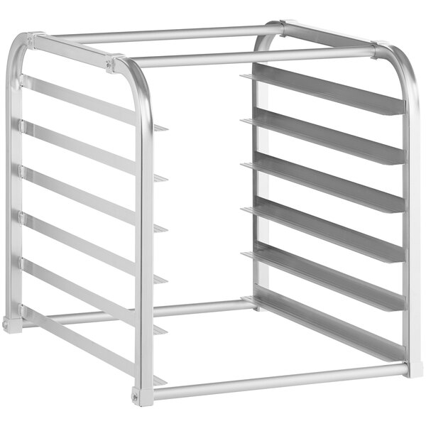 An unassembled aluminum sheet pan rack with six shelves.