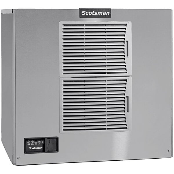 A grey rectangular Scotsman air cooled ice machine with a vent.