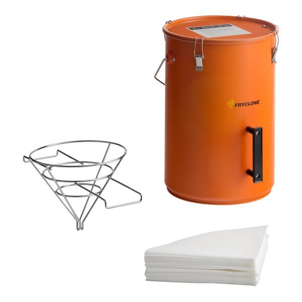 Fryclone Oil Filtration Kit with 6.5 Gallon Orange Utility Oil Pail, Filter Cones, and Filter Holder