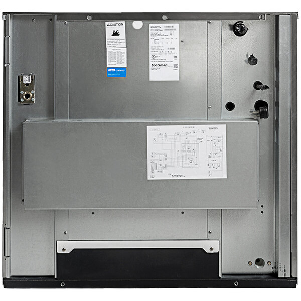 The back of a Scotsman Prodigy Elite remote low-side cooled ice machine with a label.
