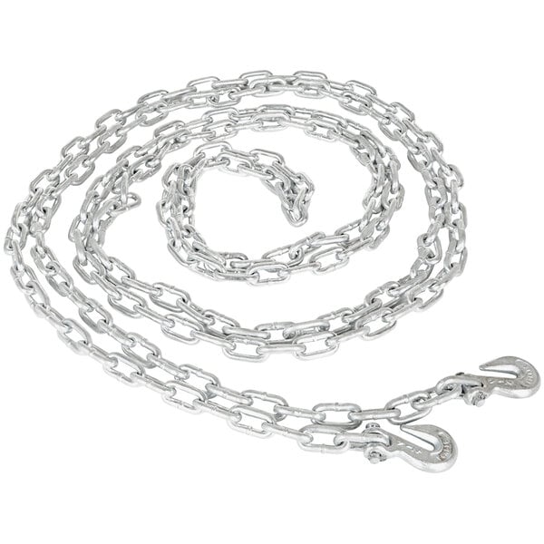 A Vestil silver steel chain with grab hooks on each end.