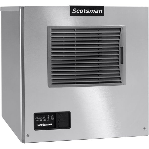 A silver rectangular Scotsman air cooled ice machine with a vent on a counter.