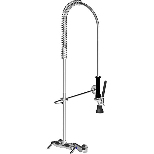 A Chicago Faucets wall-mounted pre-rinse faucet with a black handle and chrome hose.