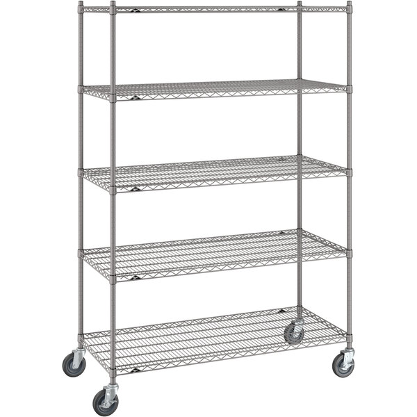 A gray Metro Super Erecta metal shelving unit with wheels.