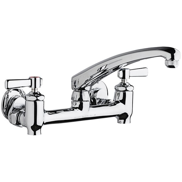 A Chicago Faucets wall-mounted faucet with an L-type swing spout and 2 lever handles.