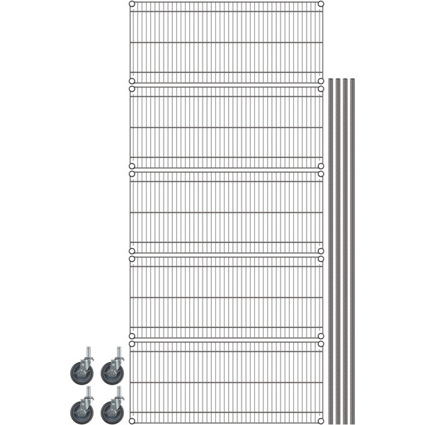 A gray Metro wire shelving unit with wheels.