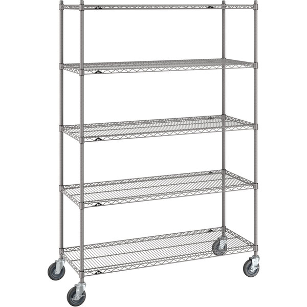 A gray Metro Super Erecta wire shelving unit with wheels.