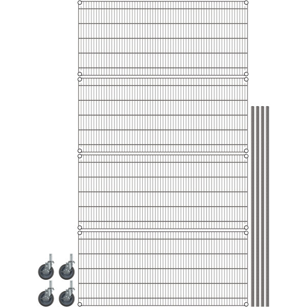 A Metro Super Erecta mobile shelving unit kit with gray wire shelves, wheels, and metal rods.