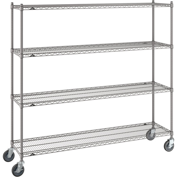 A gray Metro Super Erecta metal wire shelving unit with wheels.