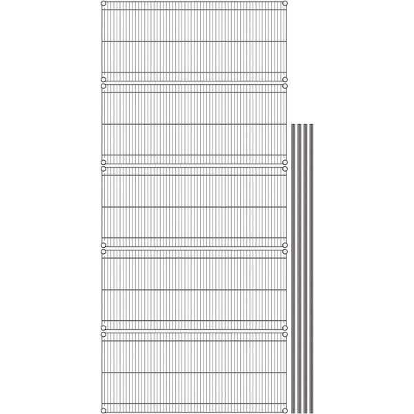 A gray Metro wire shelving unit with several metal rods.
