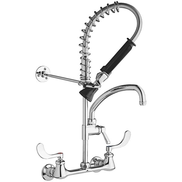 A Chicago Faucets chrome wall-mounted pre-rinse faucet with a spring and black handle.