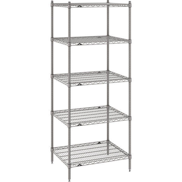 A gray Metro wire shelving unit with four shelves.