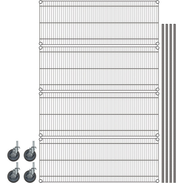 A gray Metro wire shelving unit with wheels and metal rods.