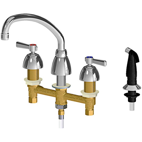 A Chicago Faucets deck-mounted faucet with two lever handles and a side spray.