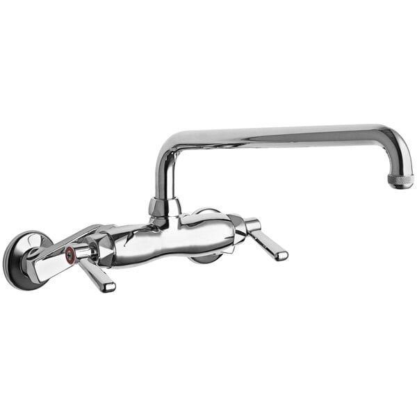 A silver Chicago Faucets wall-mounted faucet with an L-type swing spout.
