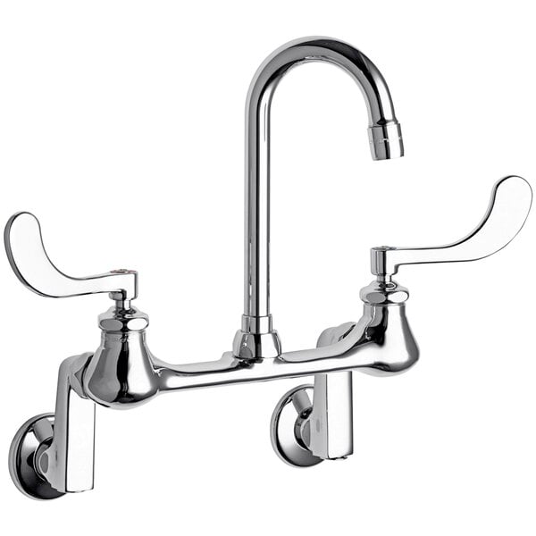 A Chicago Faucets wall-mounted faucet with chrome finish, two handles, and a gooseneck spout.