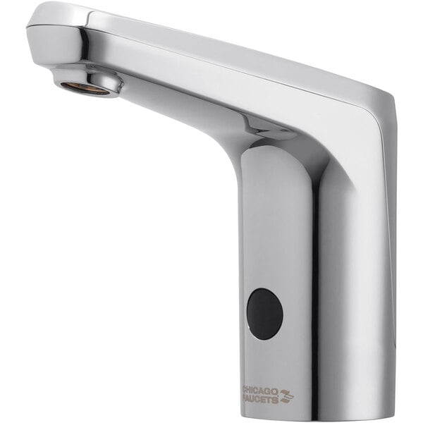 A Chicago Faucets deck-mounted touchless faucet with a black button and black accents.