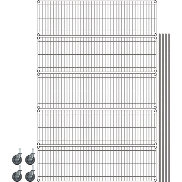 A Metro Super Erecta wire shelving unit kit with wheels and metal posts.