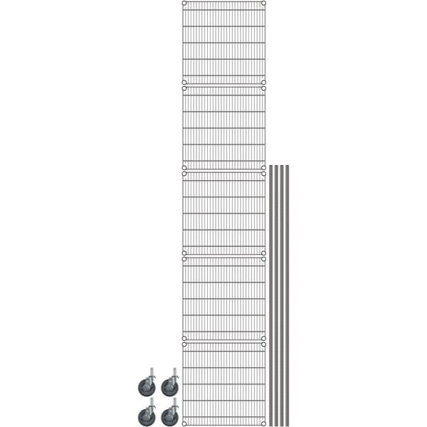 A Metro Super Erecta mobile shelving unit with wheels and metal posts.
