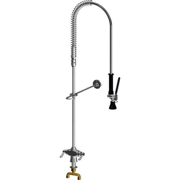 A Chicago Faucets deck-mounted pre-rinse faucet with a long silver pipe and yellow handle.