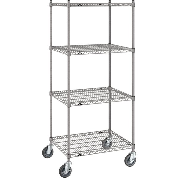 A gray Metro Super Erecta wire shelving unit with wheels.