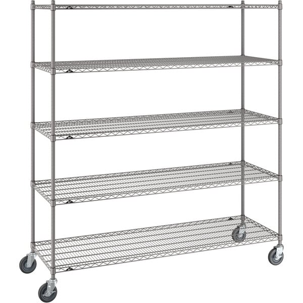 A gray Metro Super Erecta metal shelving unit with wheels.
