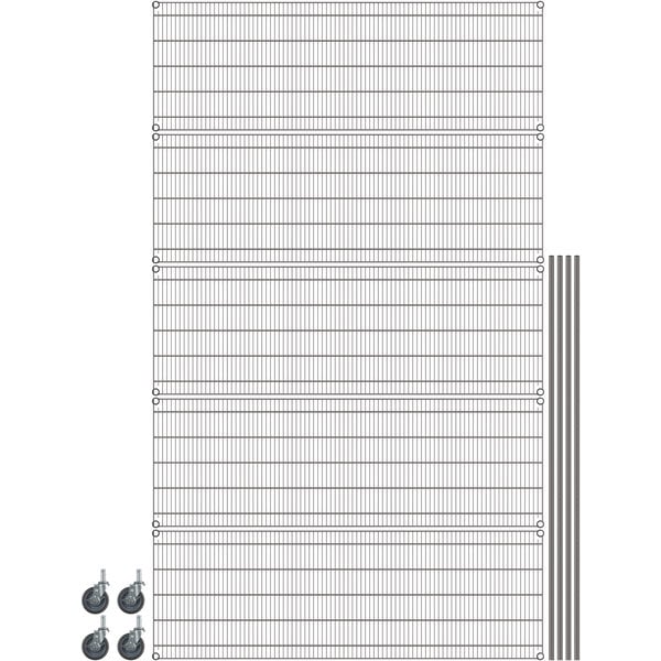 A gray Metro mobile wire shelving unit with wheels.