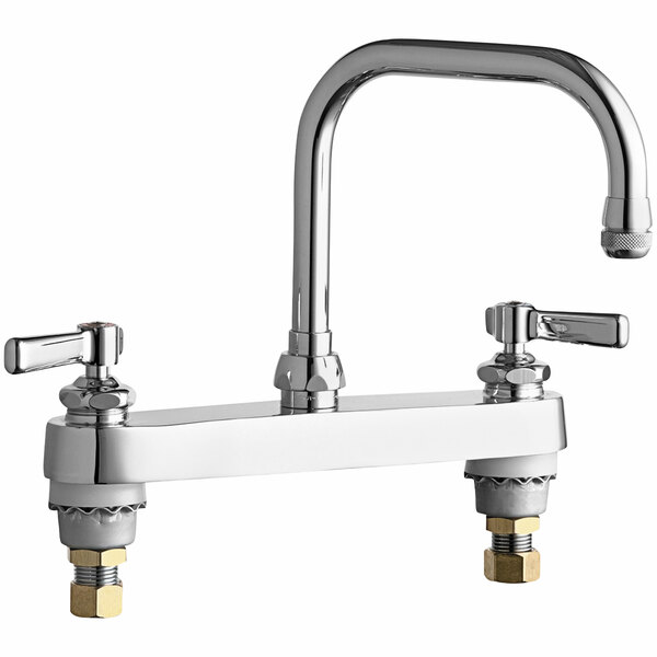 A silver Chicago Faucets deck-mounted faucet with two handles.
