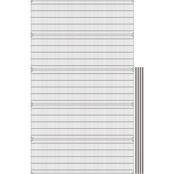 A gray wire shelving kit with metal bars and wire mesh shelves.