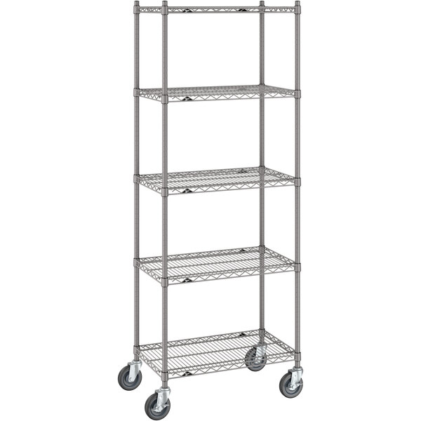 A gray Metro wire shelving unit with wheels.