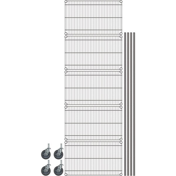 A Metro gray wire shelving unit with wheels.