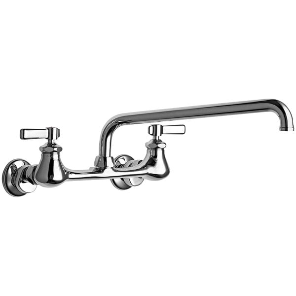 A chrome Chicago Faucets wall-mounted faucet with two handles and a 12" L-type swing spout.