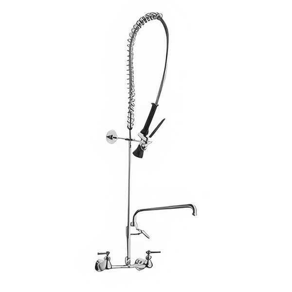 A Chicago Faucets wall-mounted pre-rinse faucet with an L-type swing spout and chrome finish with a hose and shower head.