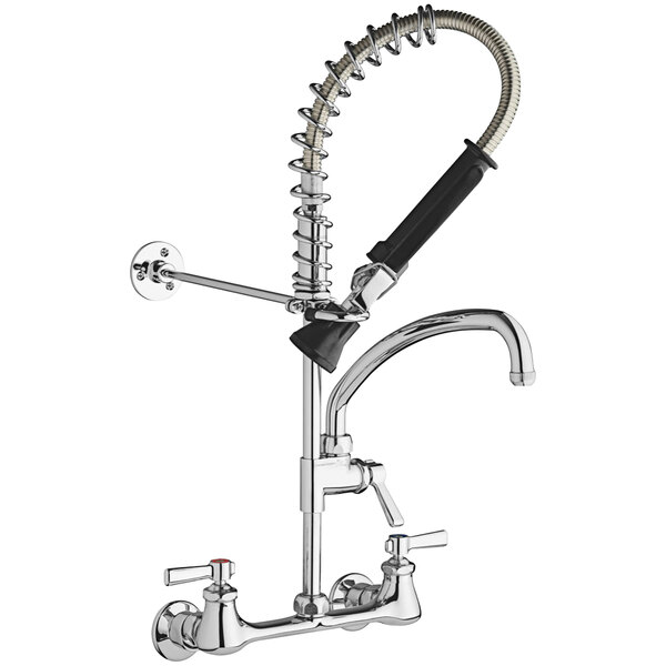 A Chicago Faucets chrome wall-mounted pre-rinse faucet with sprayer and hose.