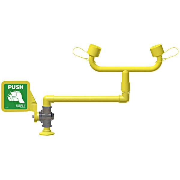 A yellow Chicago Faucets safety eye wash faucet with a yellow left-hand operation handle.