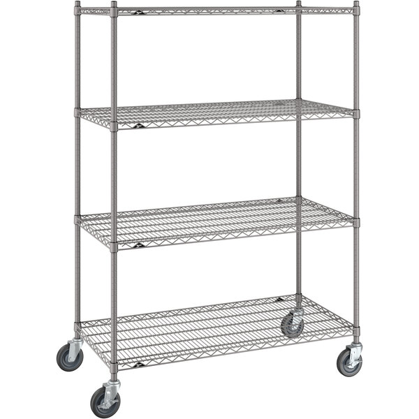 A gray Metro Super Erecta metal wire shelving unit on wheels.