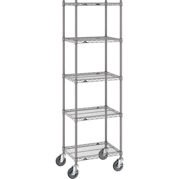 A gray Metro wire shelving unit with wheels.