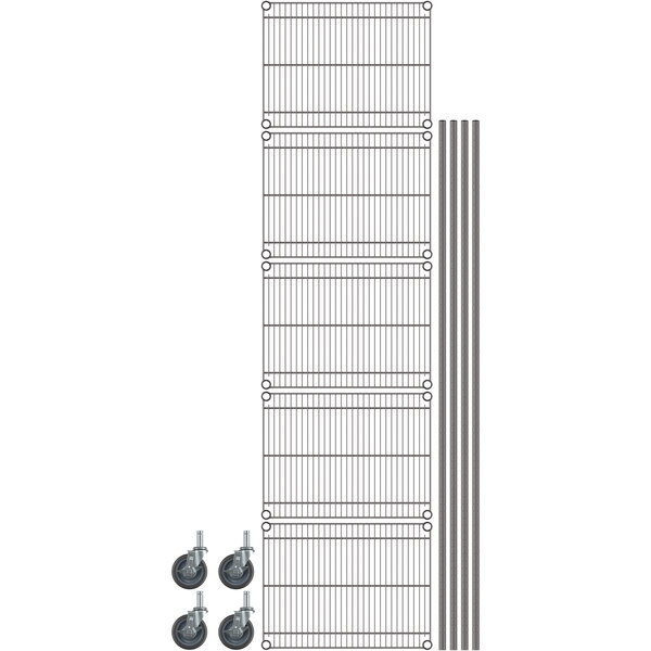 A gray Metro wire shelving unit with wheels on a metal post.