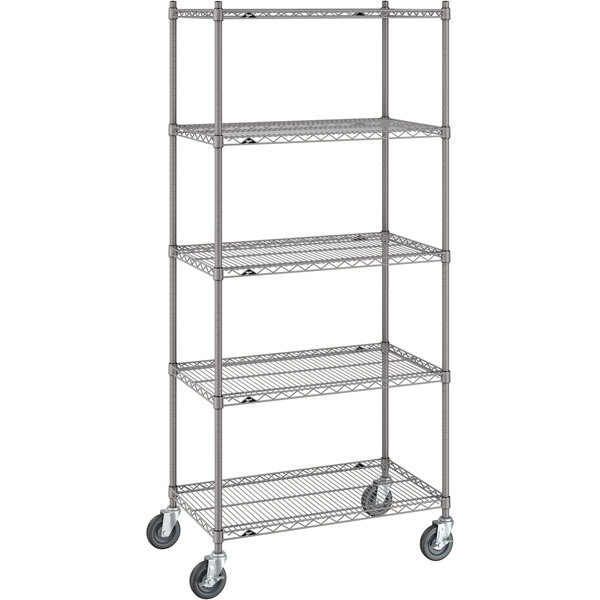 A gray Metro Super Erecta metal shelving unit with wheels.