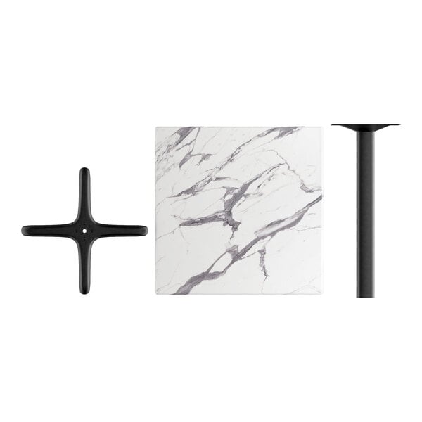 A white square table with black legs and a black and white marble tile top on a black metal stand.