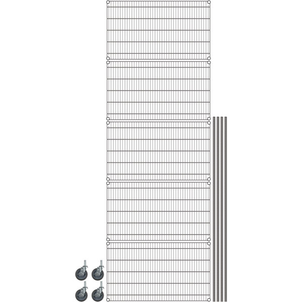 A gray Metro mobile wire shelving unit with metal poles and wheels.